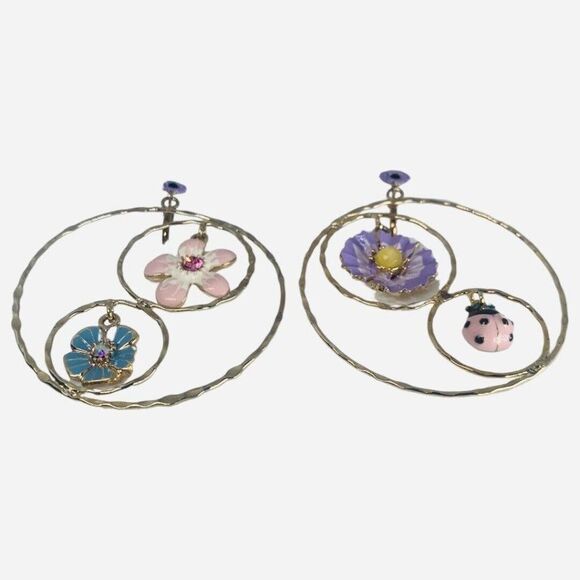 Betsey Johnson Spring Ahead Flower Ladybug Crystal Mismatch Hoop Earrings - Picture 8 of 10